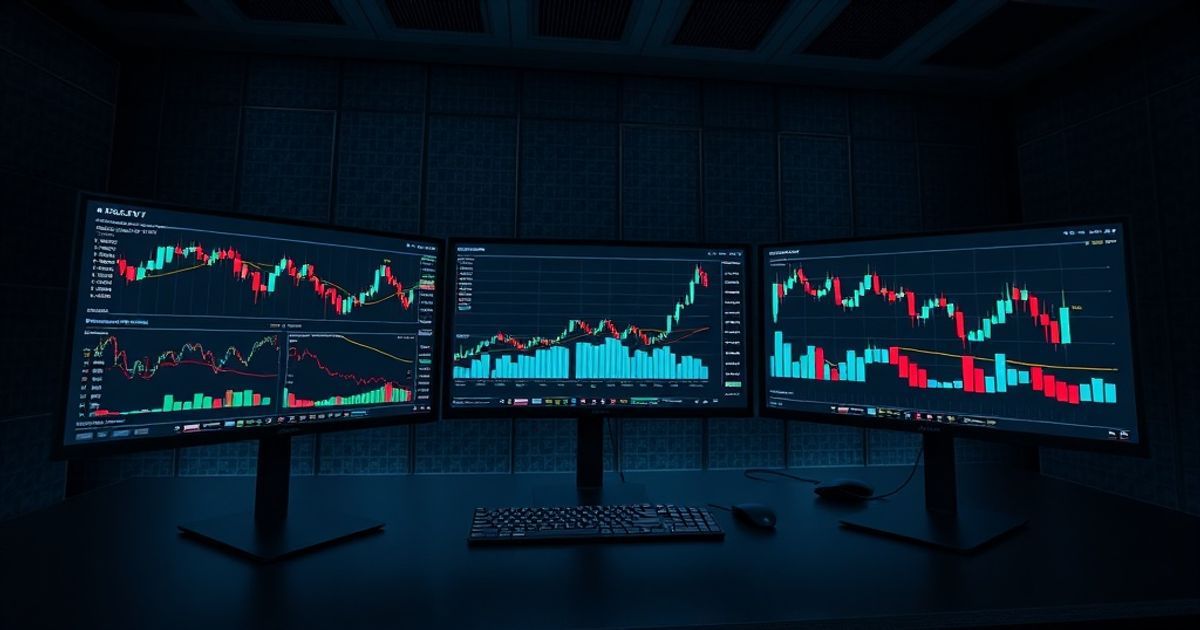Kingfisher-Plattform Trading platform interface showing real-time cryptocurrency charts with candlestick patterns and technical indicators